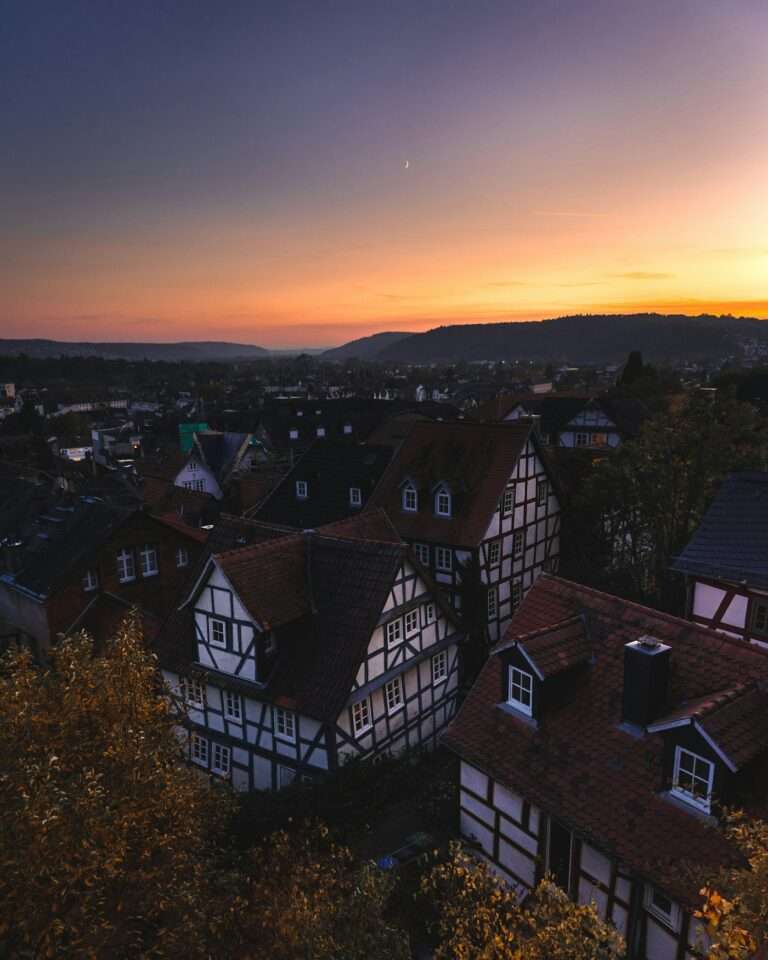 Half-timbered houses of Marburg's upper town at dusk