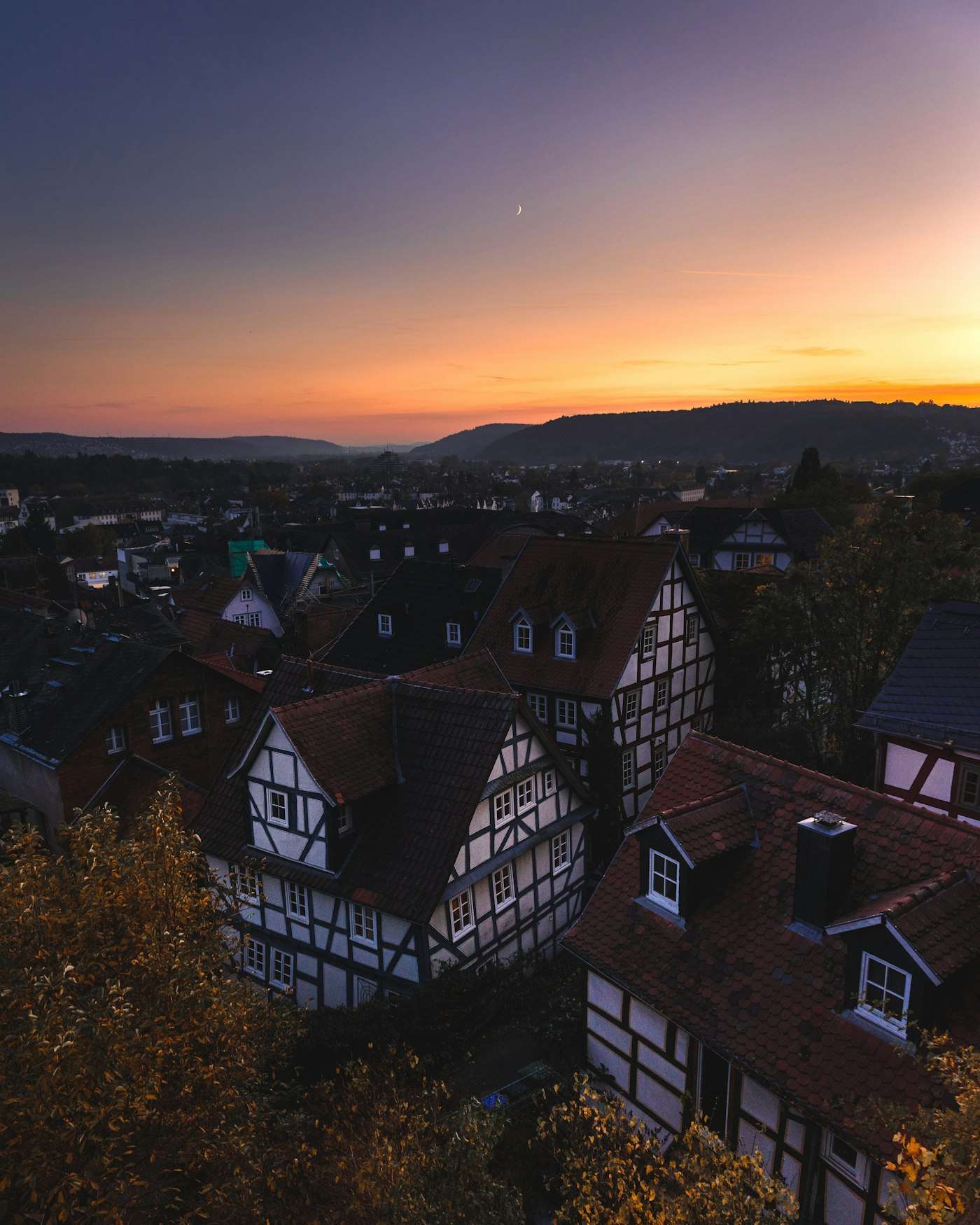 Half-timbered houses of Marburg's upper town at dusk